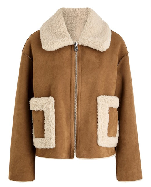 Jakke Vera Shearling Aviator Jacket Tan and Cream Lulu M