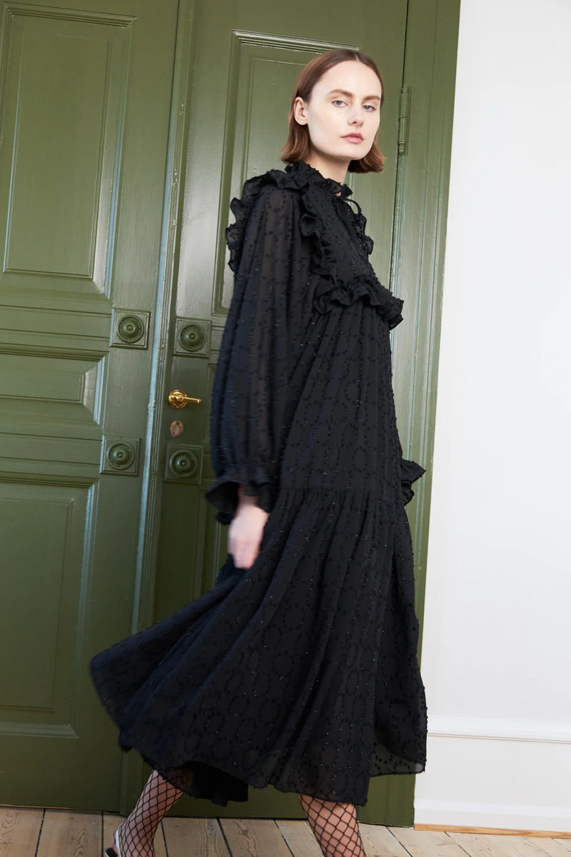 Stella Nova Midi Dress With Flounce At Chest - Black Lulu&M Stella Nova Midi Dress With Flounce At Chest - Black Lulu&M