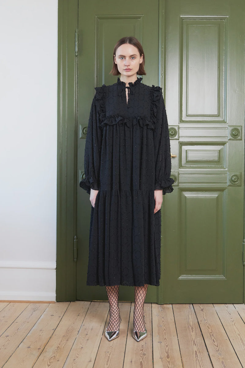 Stella Nova Midi Dress With Flounce At Chest - Black Lulu&M Stella Nova Midi Dress With Flounce At Chest - Black Lulu&M