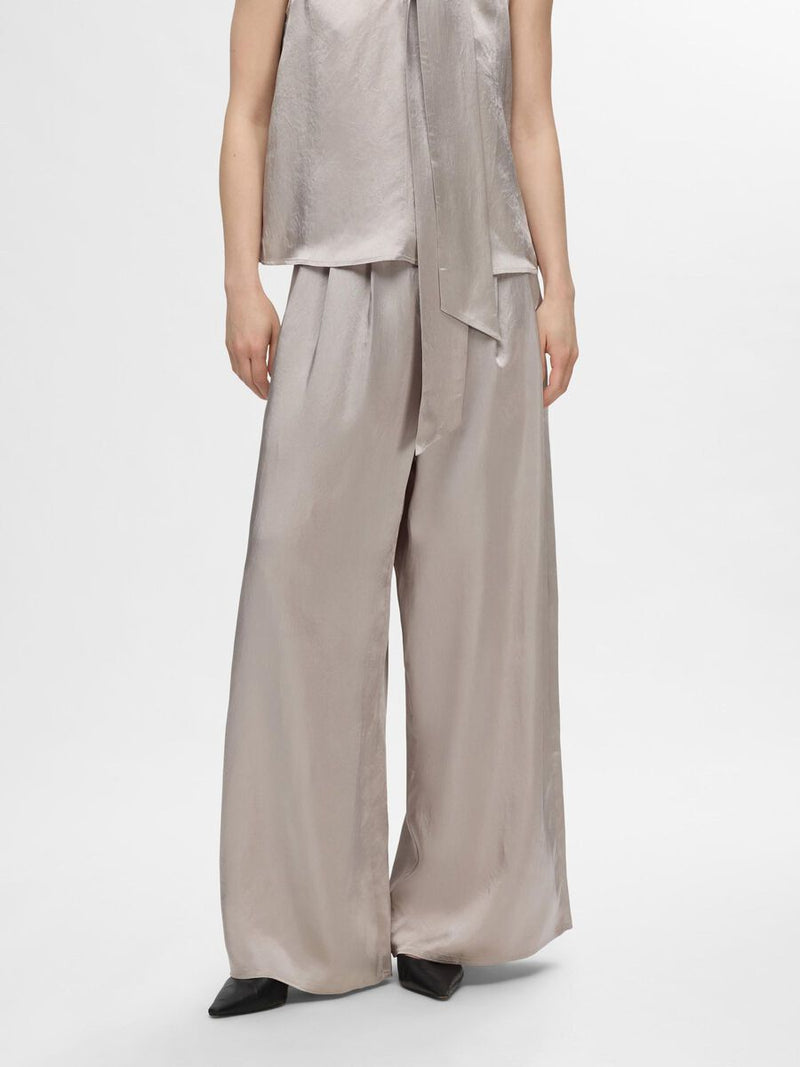 Selected Femme Selene Extra Wide Satin Trousers - Dove