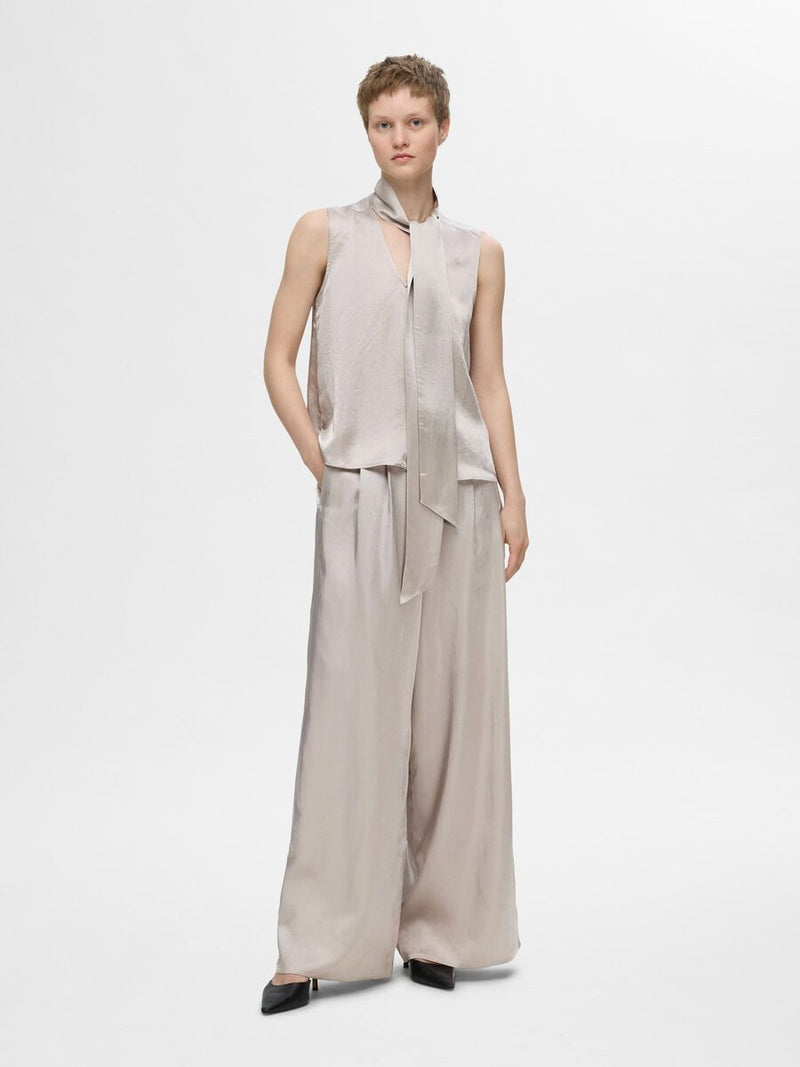 Selected Femme Selene Extra Wide Satin Trousers - Dove