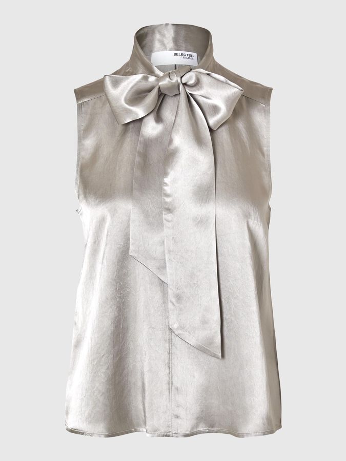 Selected Femme Selene Satin Bow Neck Top - Dove
