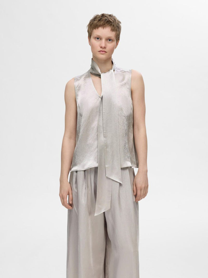 Selected Femme Selene Satin Bow Neck Top - Dove