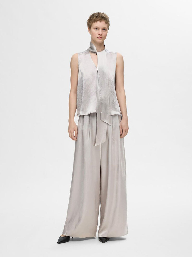 Selected Femme Selene Satin Bow Neck Top - Dove