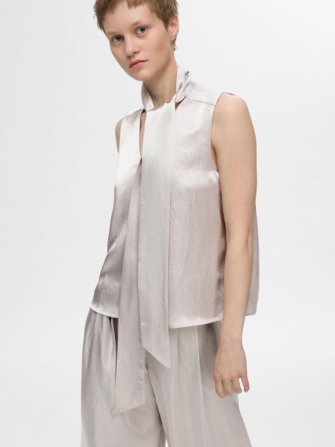 Selected Femme Selene Satin Bow Neck Top - Dove