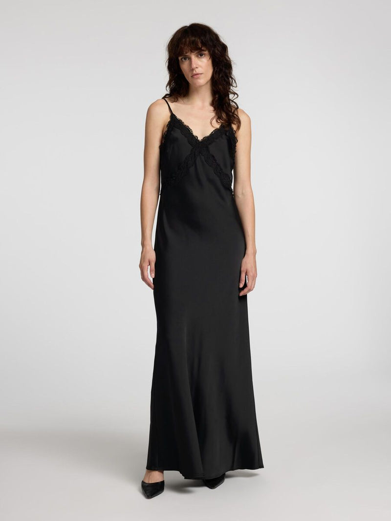Selected Femme Alena Satin Lace Slip Dress - Black