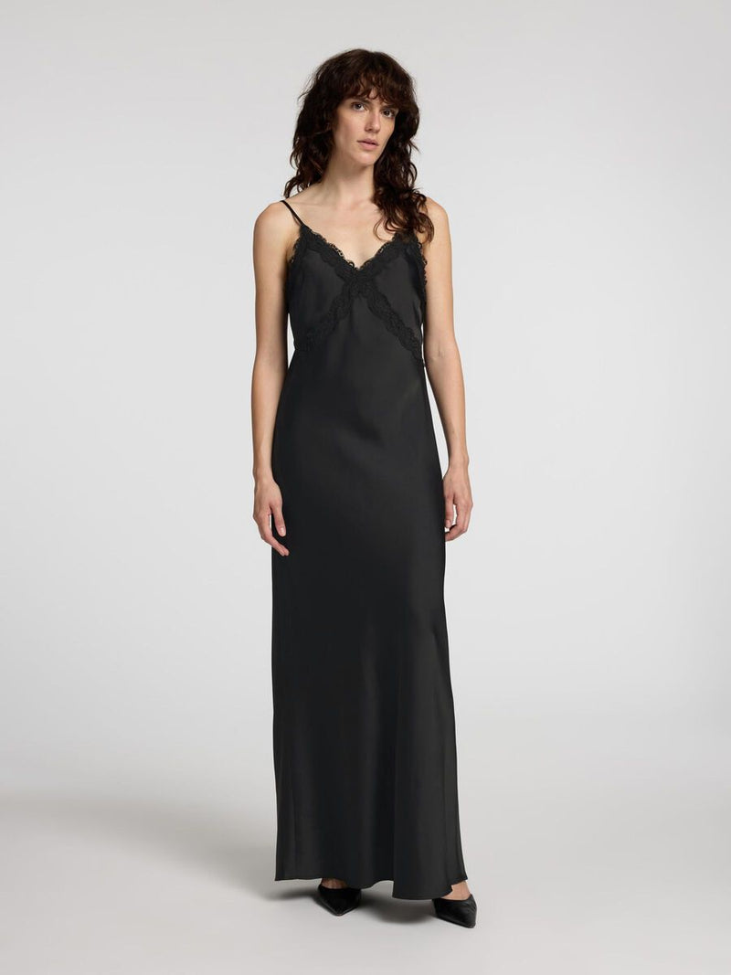 Selected Femme Alena Satin Lace Slip Dress - Black