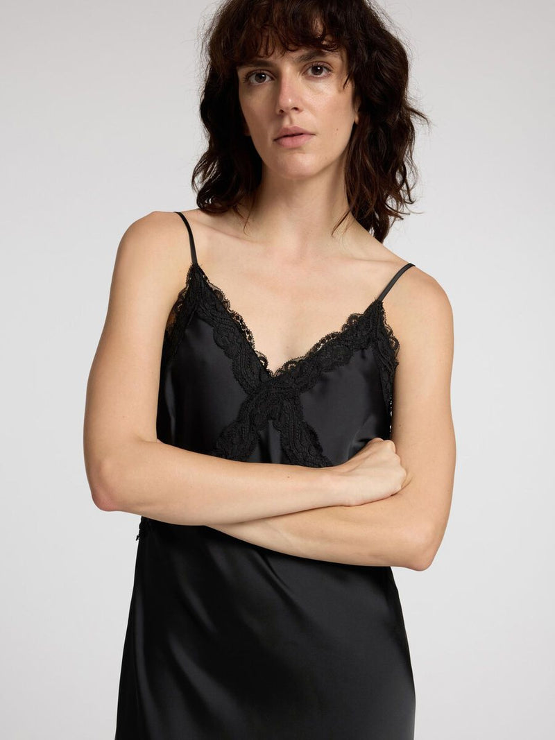 Selected Femme Alena Satin Lace Slip Dress - Black
