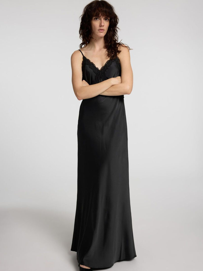Selected Femme Alena Satin Lace Slip Dress - Black
