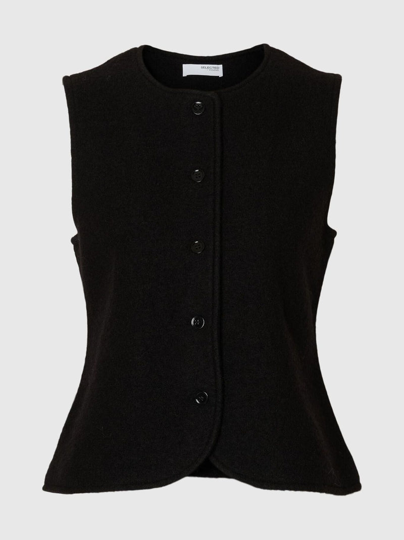 Selected Femme Darla Wool Knit Button Vest - Black