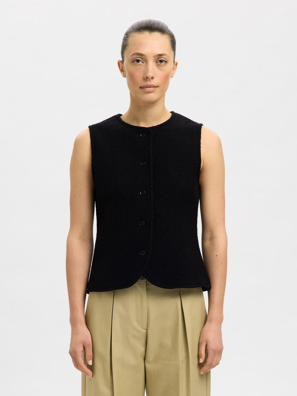 Selected Femme Darla Wool Knit Button Vest - Black