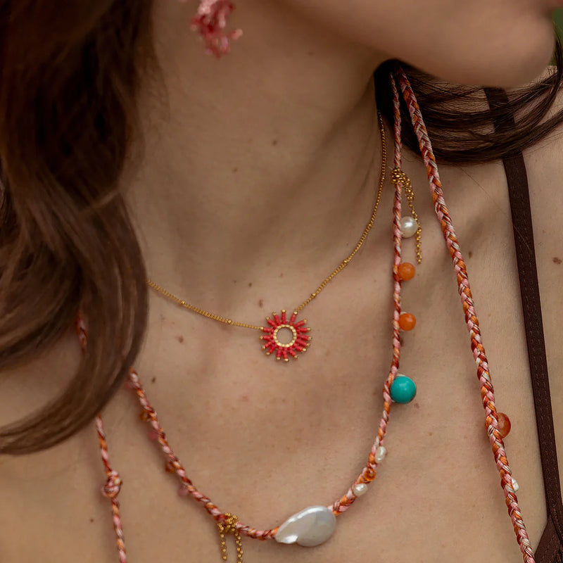 Mishky Fringe Sun Small Necklace - Coral/Gold