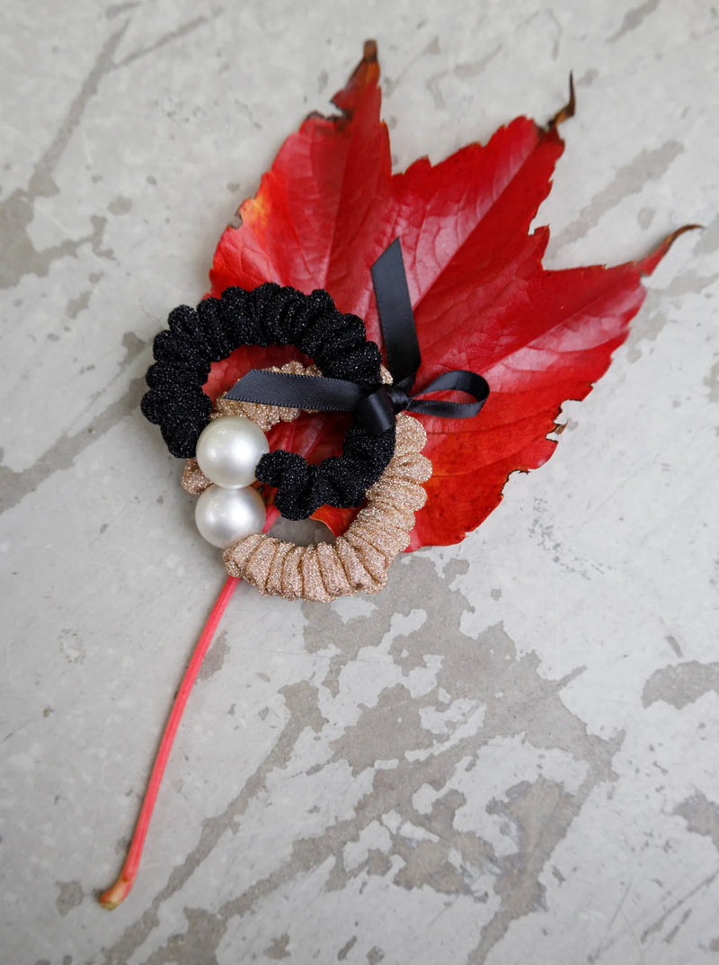 Black Colour Haven Mini Scrunchie 2 Piece Set - Black/Golden