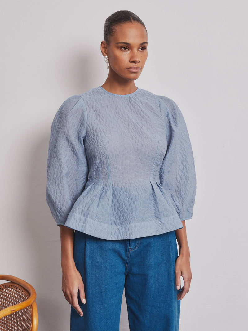 Vivere Ada Full Sleeve Bow Back Top - Light Blue