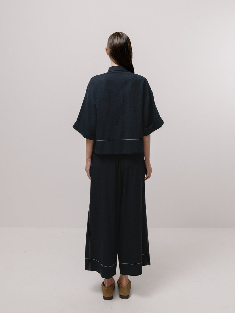 Emin + Paul Contrast Stitch Blouse - Navy