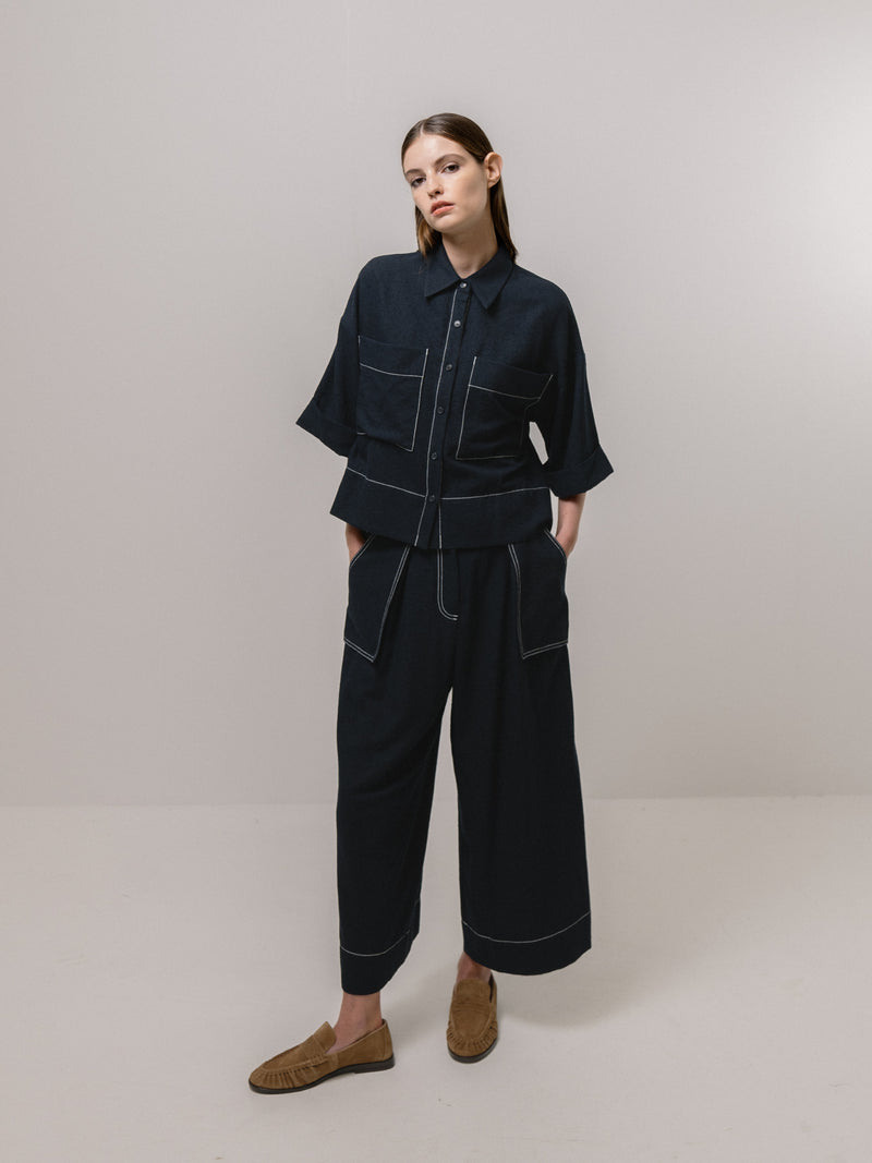 Emin + Paul Contrast Stitch Blouse - Navy