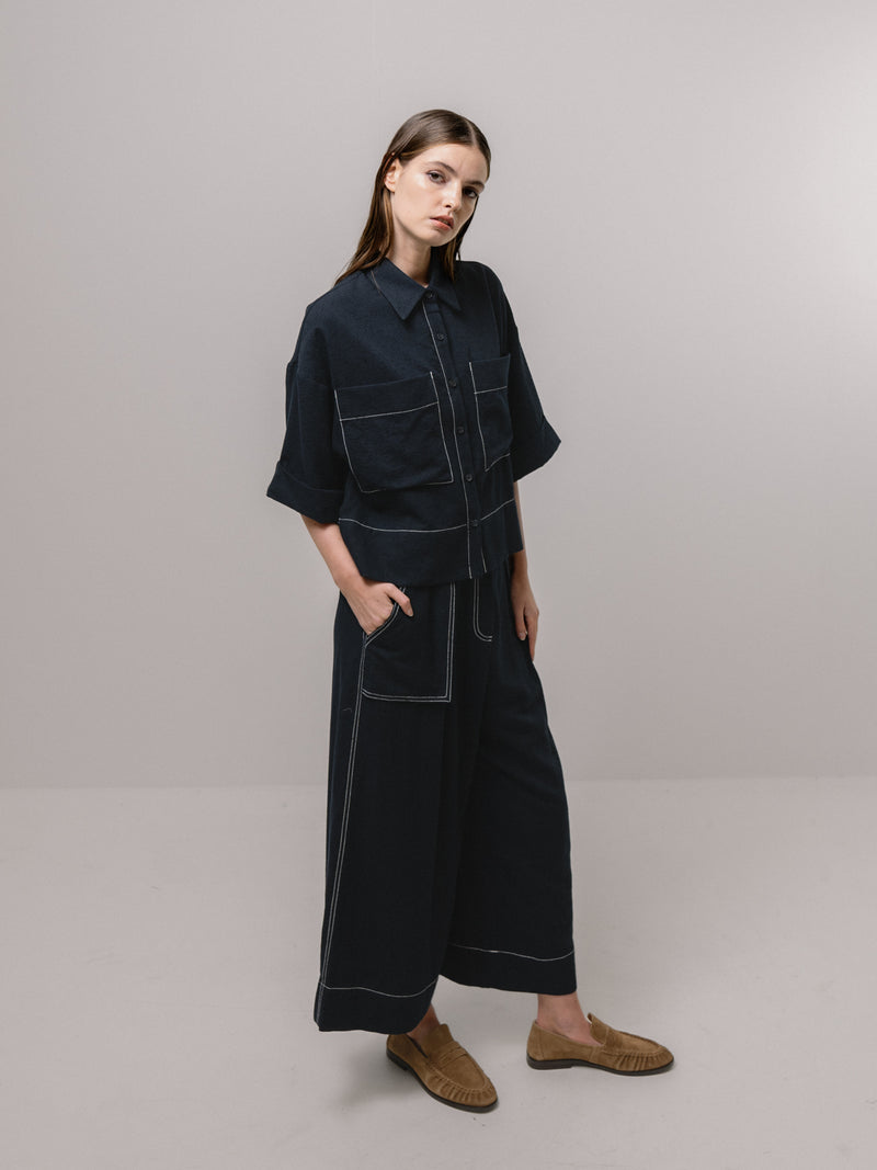 Emin + Paul Contrast Stitch Blouse - Navy