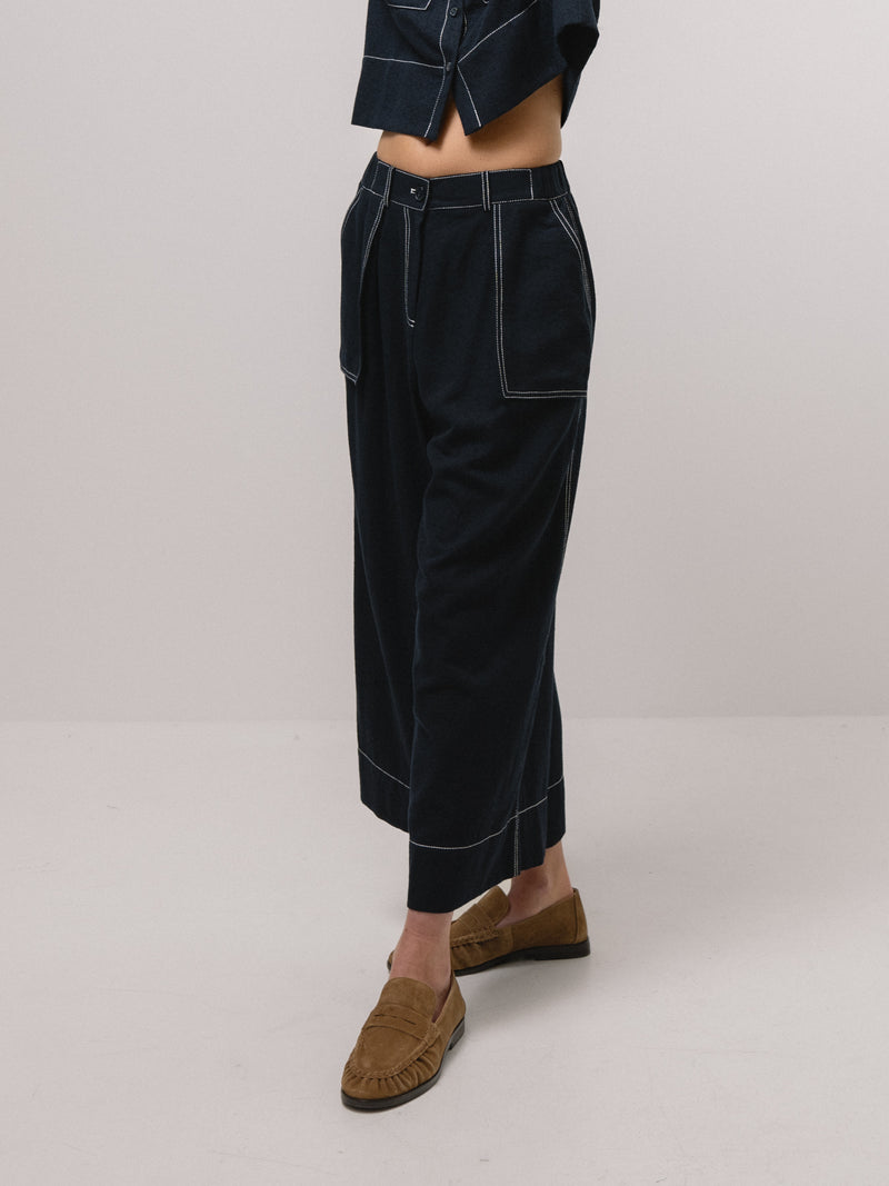 Emin + Paul Contrast Stitch Blouse - Navy