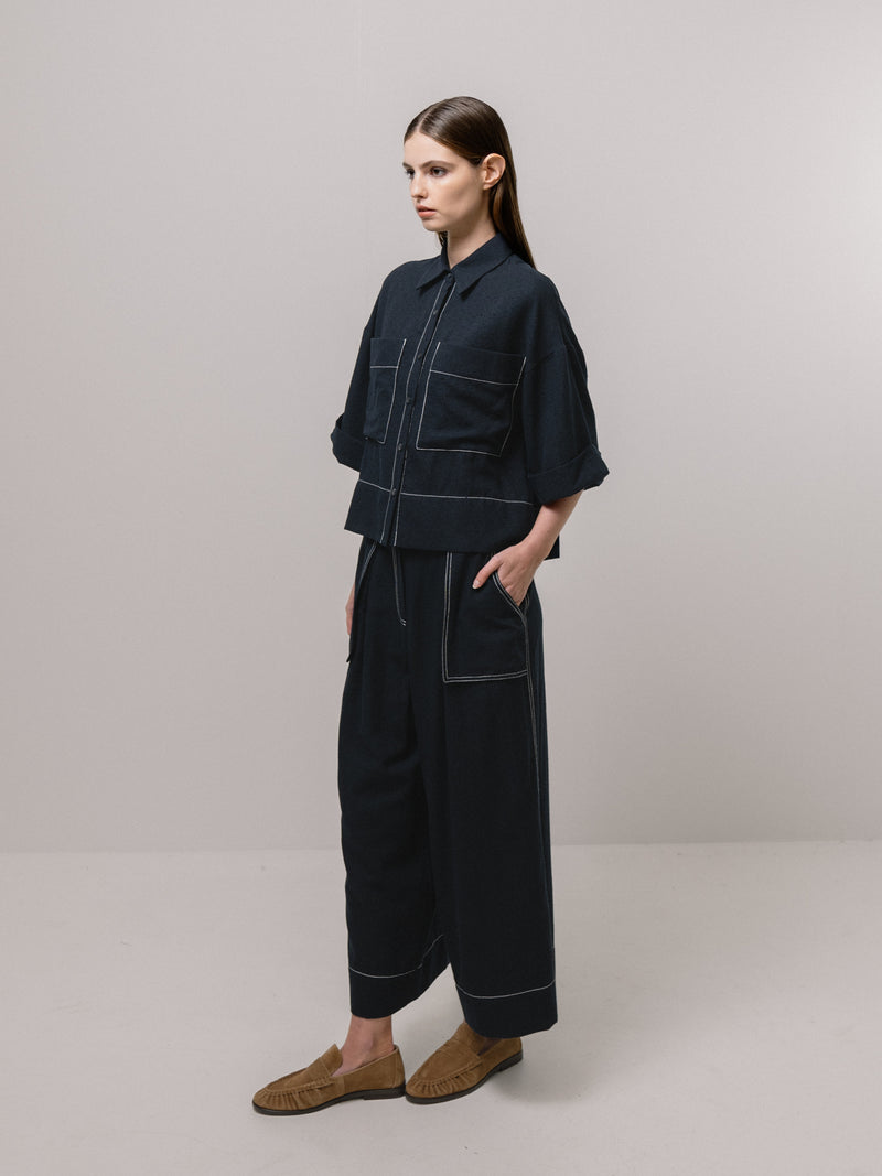 Emin + Paul Contrast Stitch Blouse - Navy