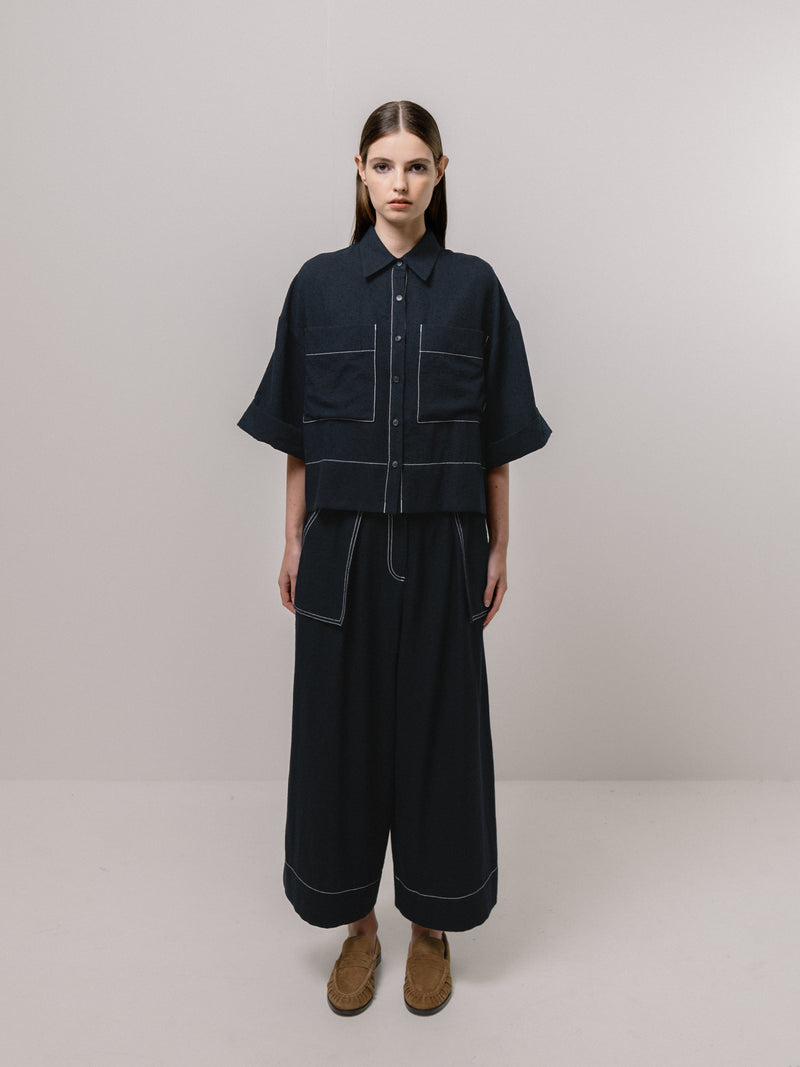 Emin + Paul Contrast Stitch Blouse - Navy