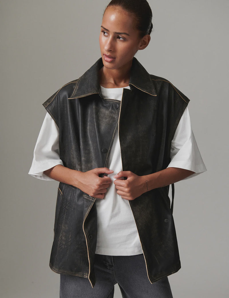 Day Birger Et Mikkelson Cristin Distressed Leather Waistcoat - Black Distressed