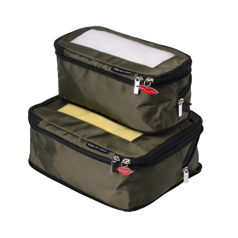 Donna May London Set of 4 Compression Packing Cubes – Khaki With Pink Leopard Interior