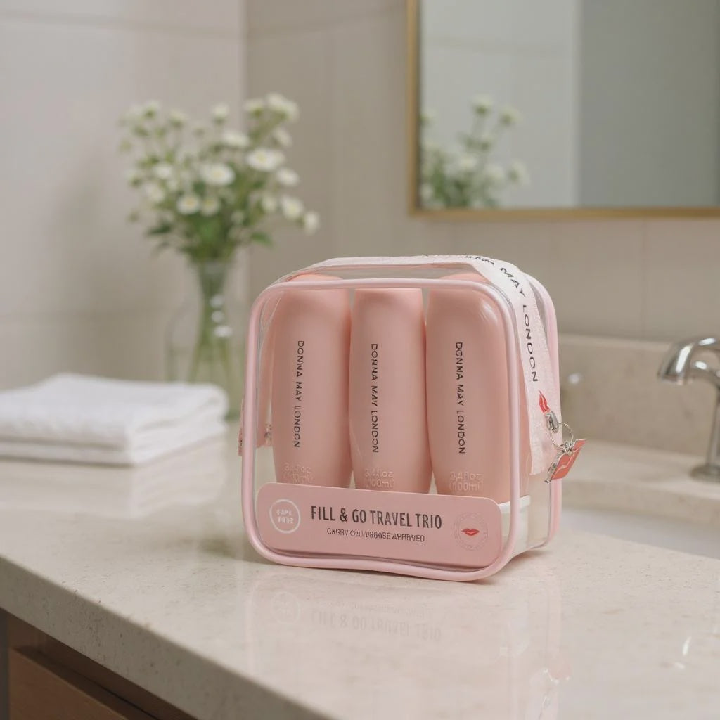 Donna May London Beauty. Pink travel set with three bottles on a bathroom counter