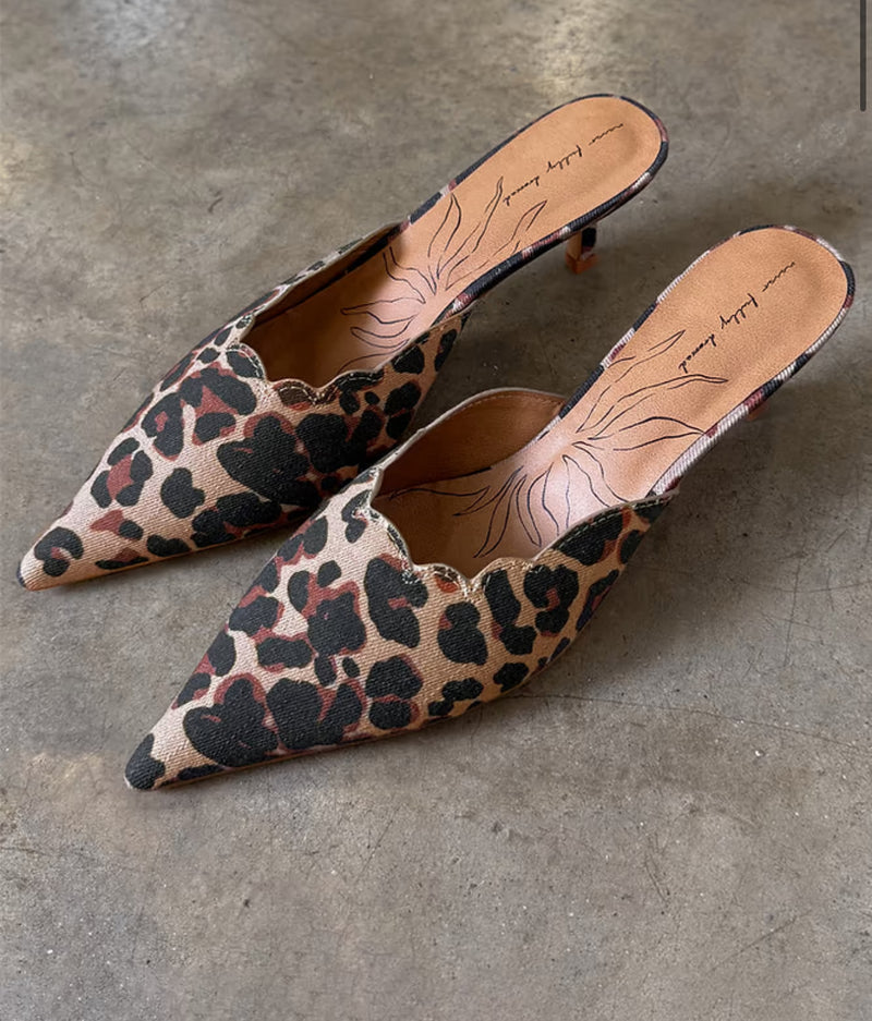 Never Fully Dressed Denim Scallop City Mules - Leopard