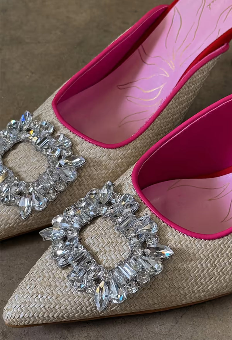 Never Fully Dressed Buckle Mule Heel City Mules - Raffia