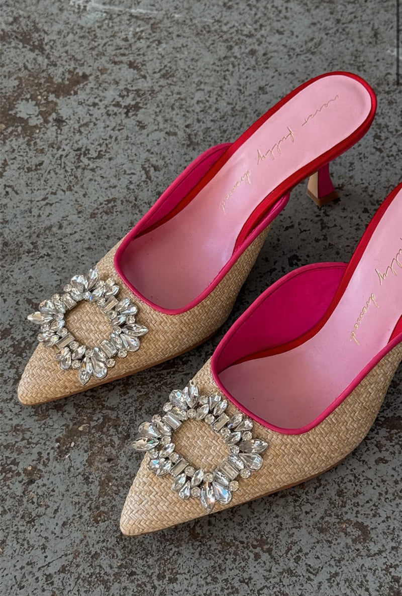 Never Fully Dressed Buckle Mule Heel City Mules - Raffia