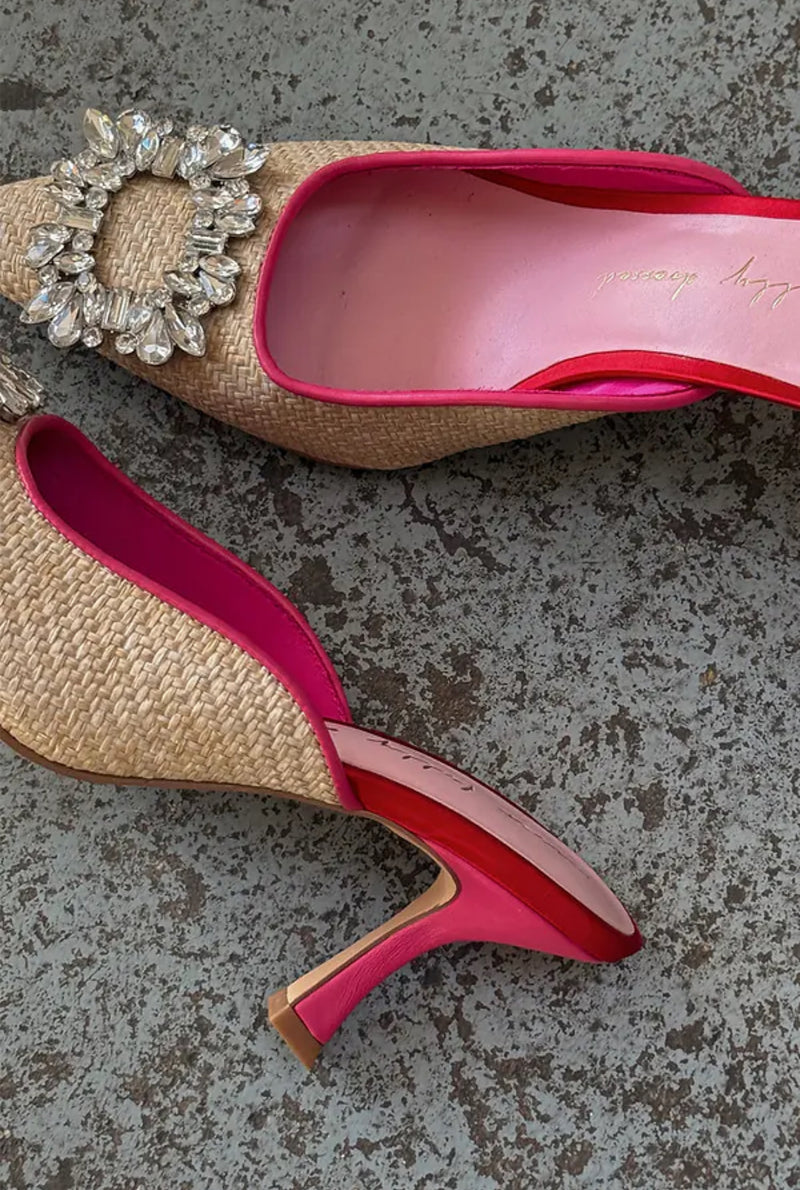 Never Fully Dressed Buckle Mule Heel City Mules - Raffia