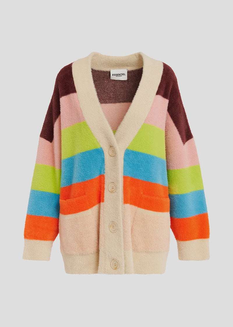 Essentiel Antwerp Gaan Fluffy Striped Cardigan - Blue/Ecru/Orange