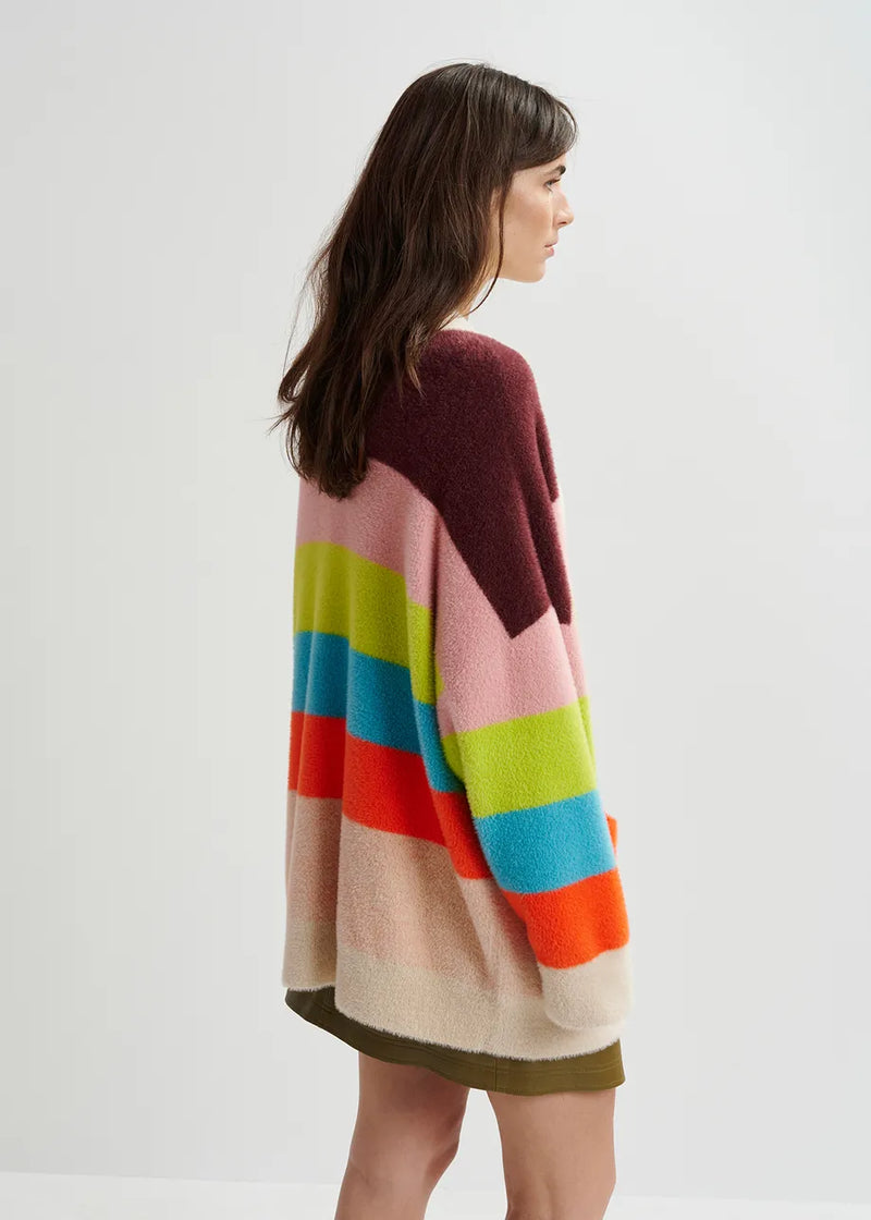 Essentiel Antwerp Gaan Fluffy Striped Cardigan - Blue/Ecru/Orange