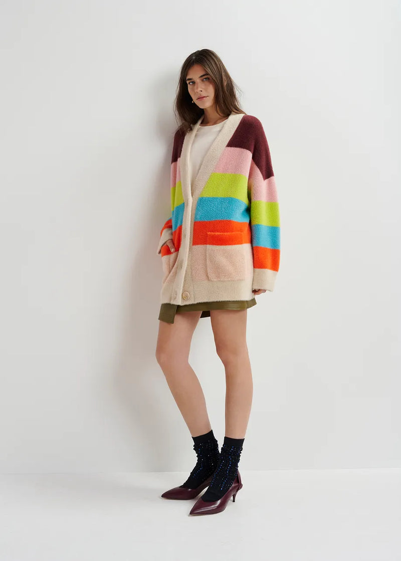 Essentiel Antwerp Gaan Fluffy Striped Cardigan - Blue/Ecru/Orange