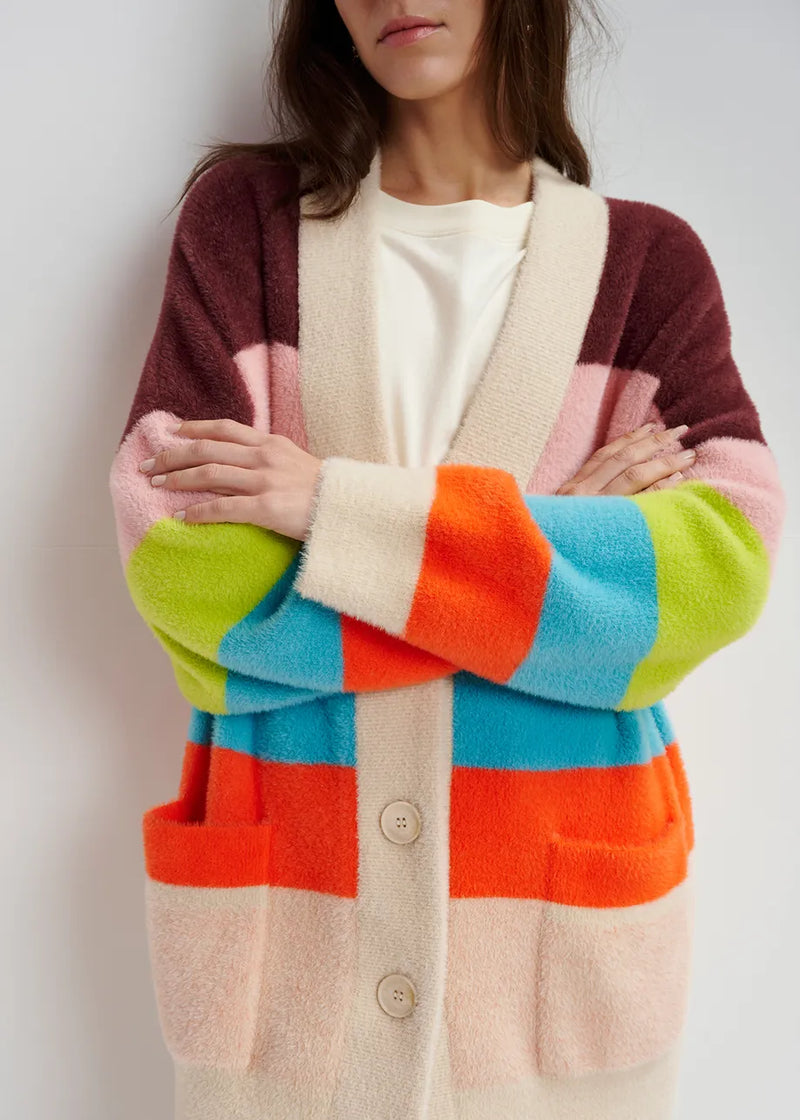Essentiel Antwerp Gaan Fluffy Striped Cardigan - Blue/Ecru/Orange