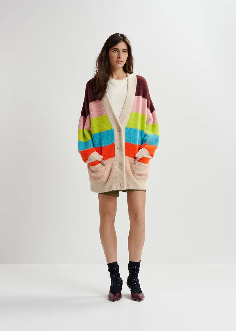 Essentiel Antwerp Gaan Fluffy Striped Cardigan - Blue/Ecru/Orange