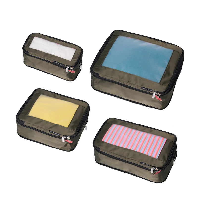 Donna May London Set of 4 Compression Packing Cubes – Khaki With Pink Leopard Interior