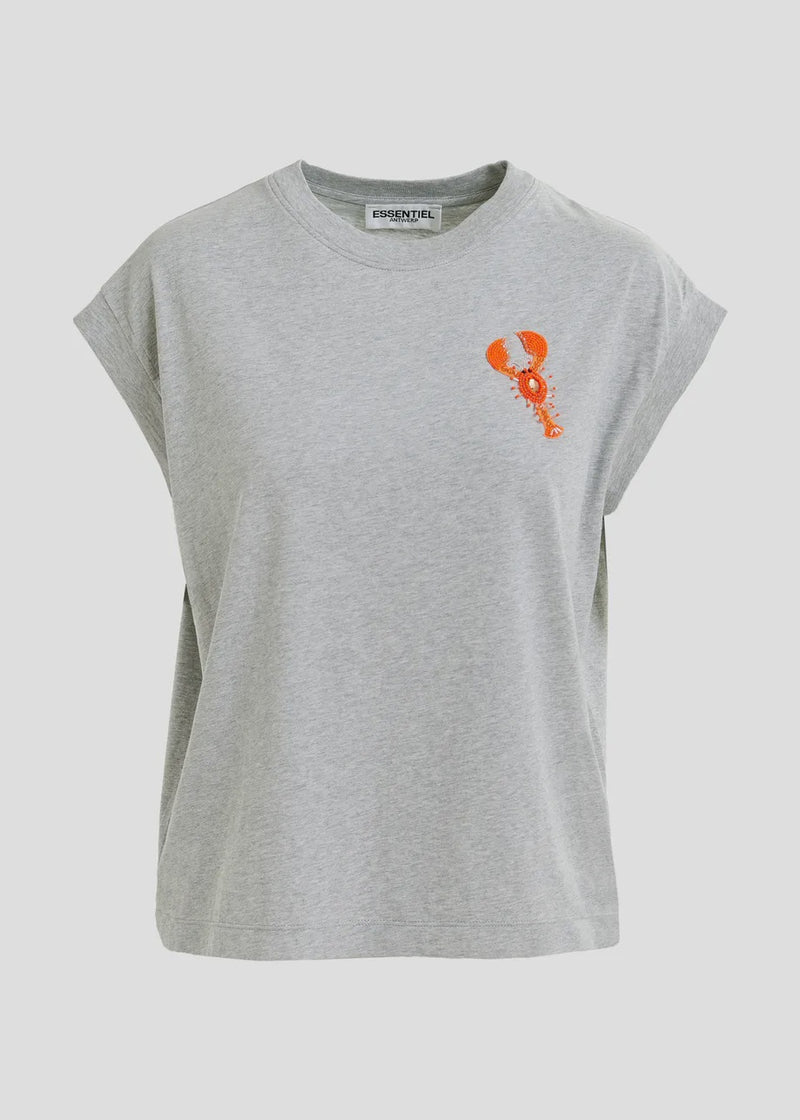 Essentiel Antwerp Hobster T-Shirt - Grey/Orange Embroidery