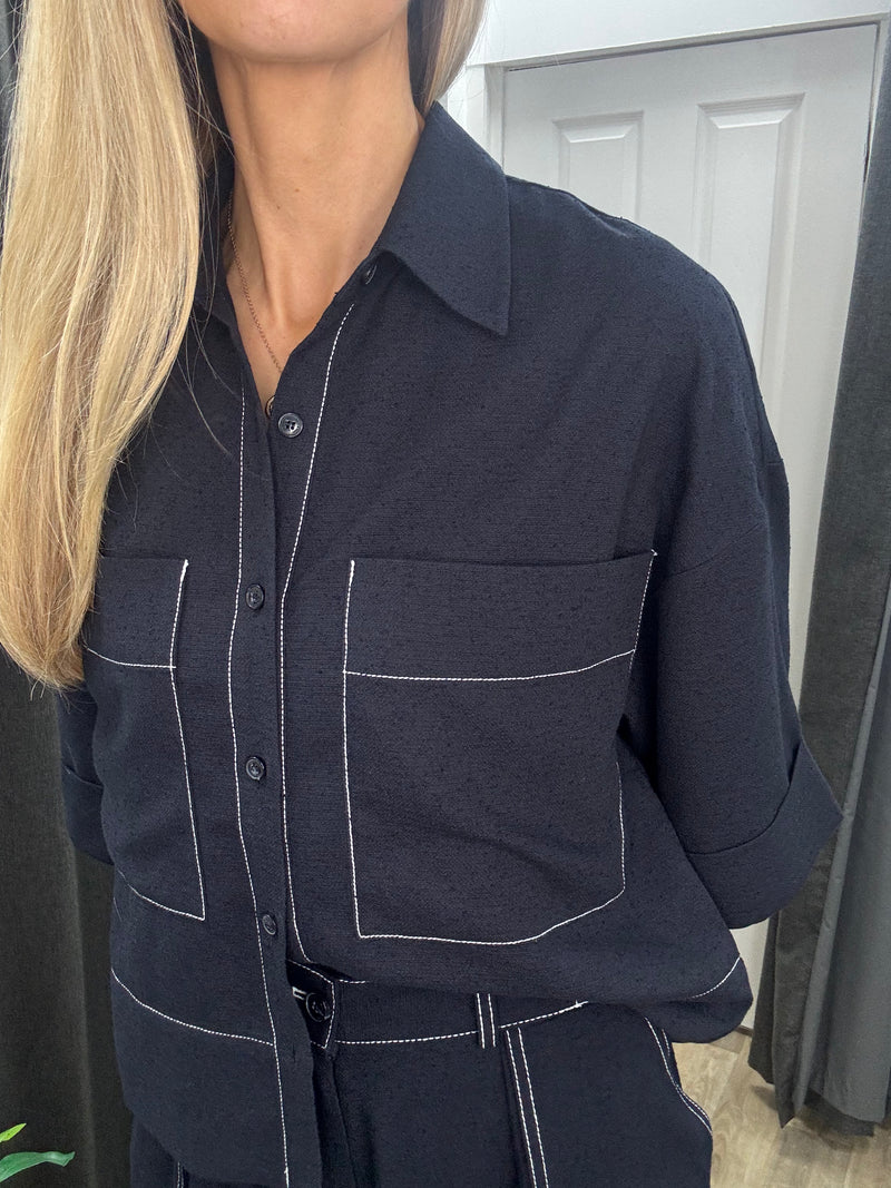 Emin + Paul Contrast Stitch Blouse - Navy