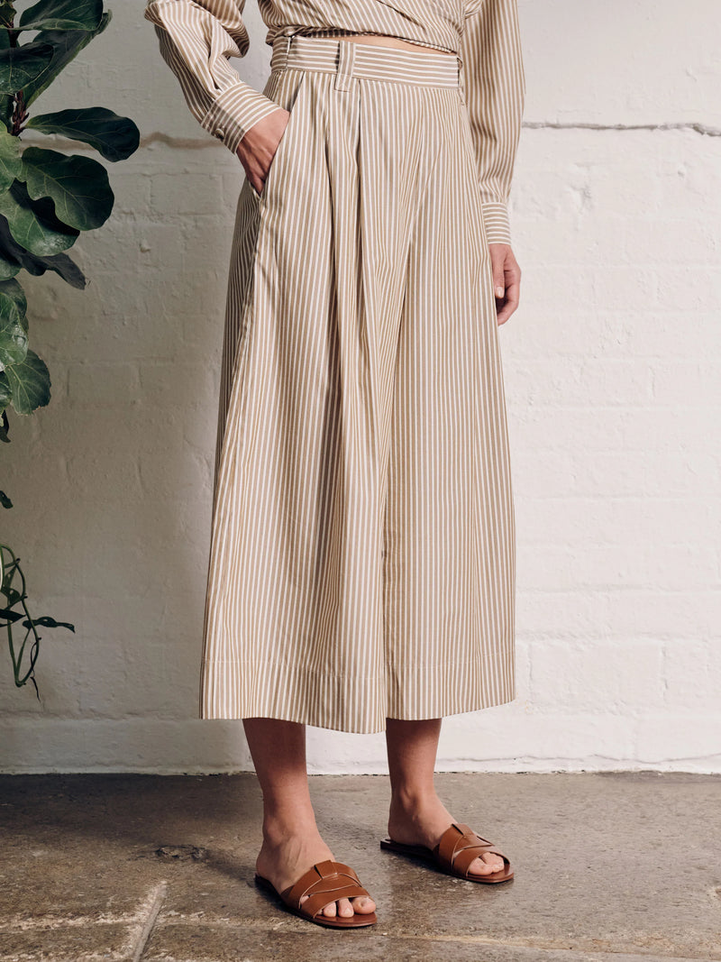 Vivere Isla Wide Palazzo Pant - Beige Stripe