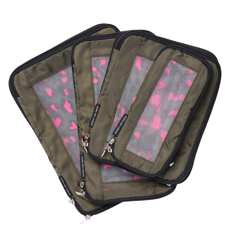 Donna May London Set of 4 Compression Packing Cubes – Khaki With Pink Leopard Interior