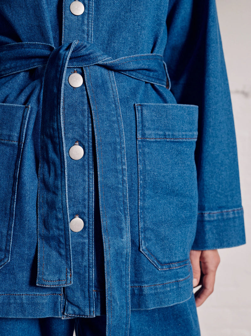 Vivere Macy Denim Belted Jacket - Blue