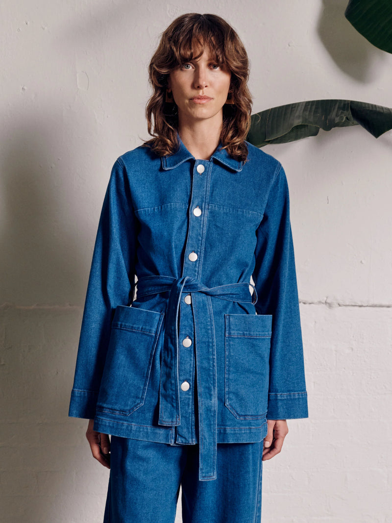 Vivere Macy Denim Belted Jacket - Blue
