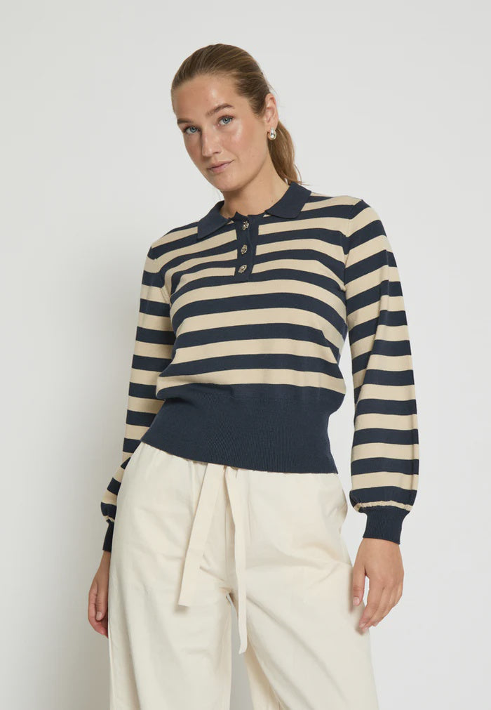 Minus Aliana Knit Stripe Pullover - Sky Captain /Beige