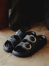 Genuins Galia Embossed Leather Sandal- Dark Black