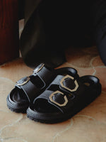 Genuins Galia Embossed Leather Sandal- Dark Black