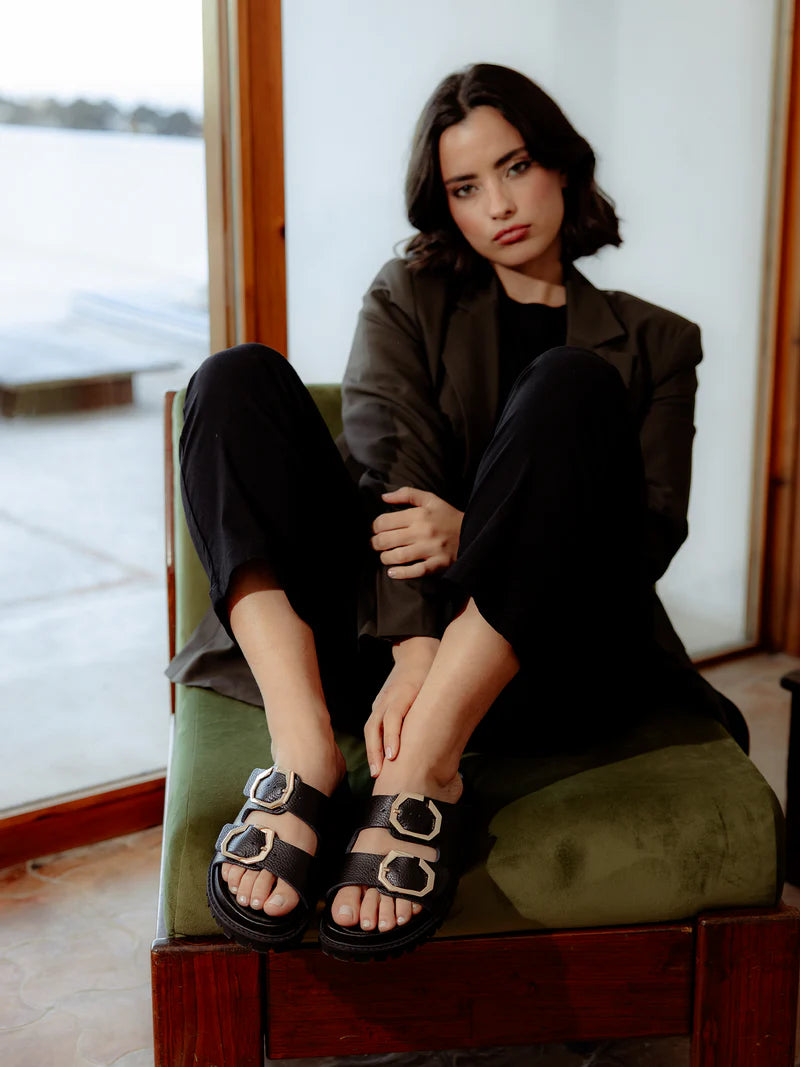 Genuins Galia Embossed Leather Sandal- Dark Black