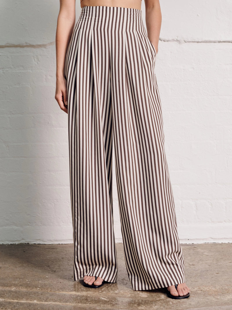 Vivere Nellie High Waisted Palazzo Trouser - Brown/Cream Stripe