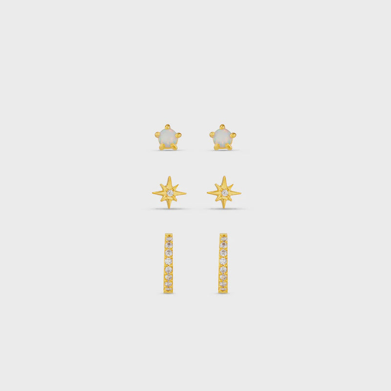 Orelia Pave Starburst & Opal Mini Micro 3 Pack Earrings
