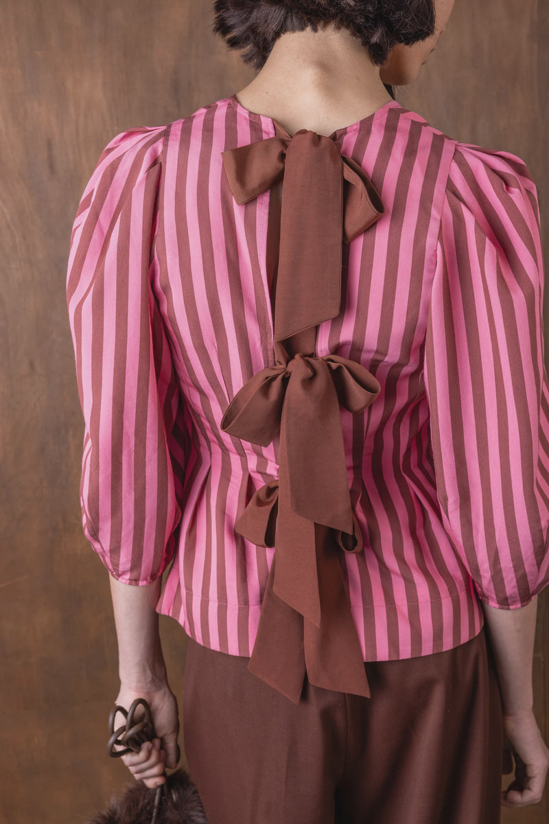 Vivere Ada Striped Organza Top - Pink/Brown